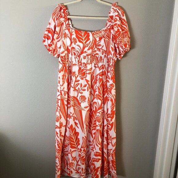 Unique Vintage White Orange Parrot Empire Waist Puff Sleeve Midi Dress - NWT - Picture 4 of 11